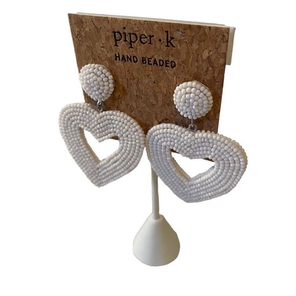 Piper.k Hand Beaded White Open Heart Drop Earrings. - Picture 3 of 5